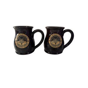 2 Deneen Pottery Devil Mountain Coffee Co. Handmade Brown Stoneware Mugs 12 Oz